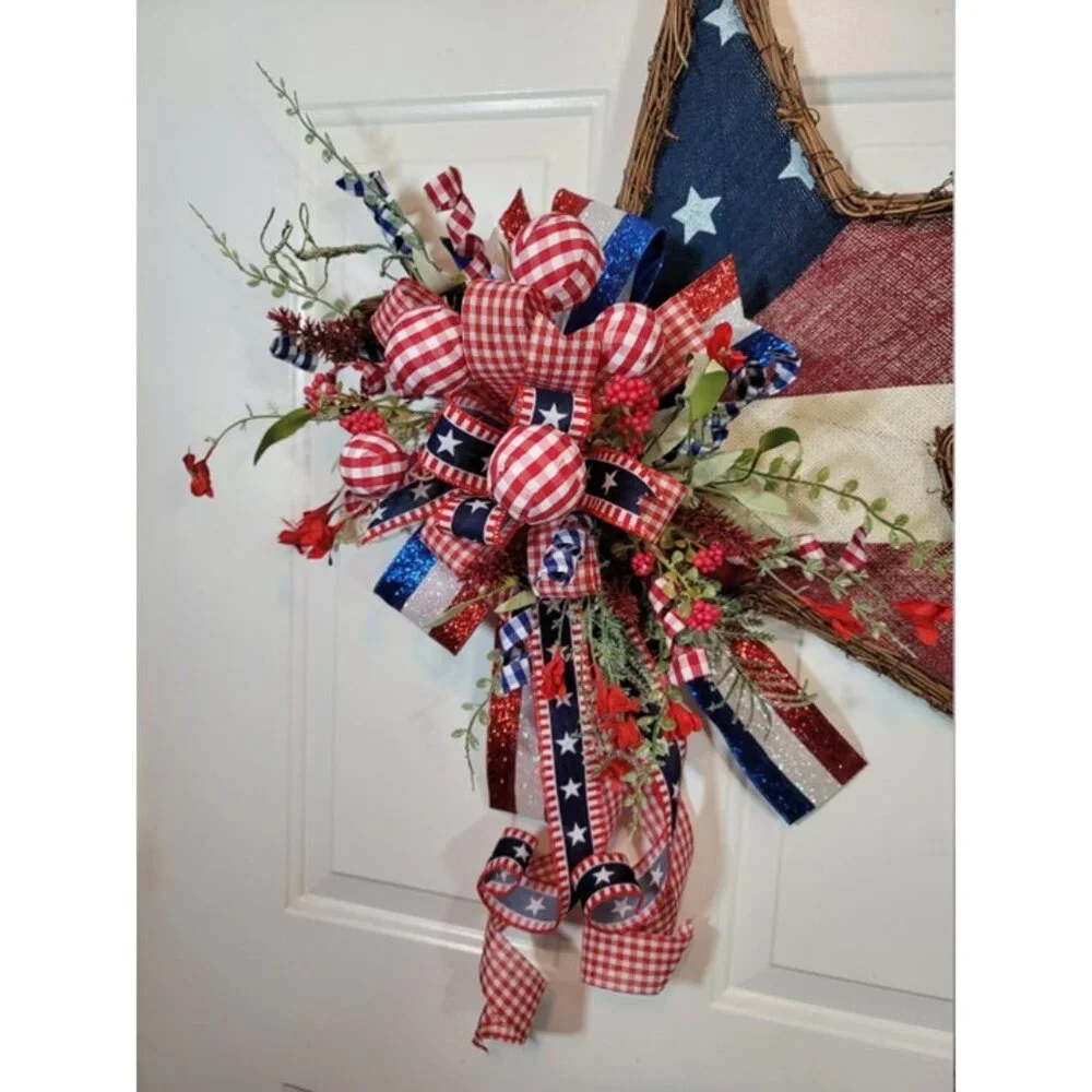 Stars / Stripes Wreath, Red White Blue Burlap Star 4th July Wreath, Hand Crafted